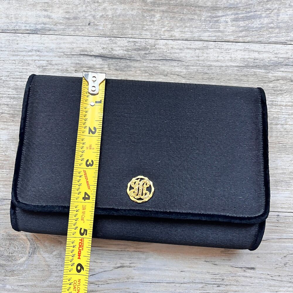 Bienen-Davis Black Satin Clutch Evening Bag Gold Monogram Clasp Vintage - Picture 7 of 8